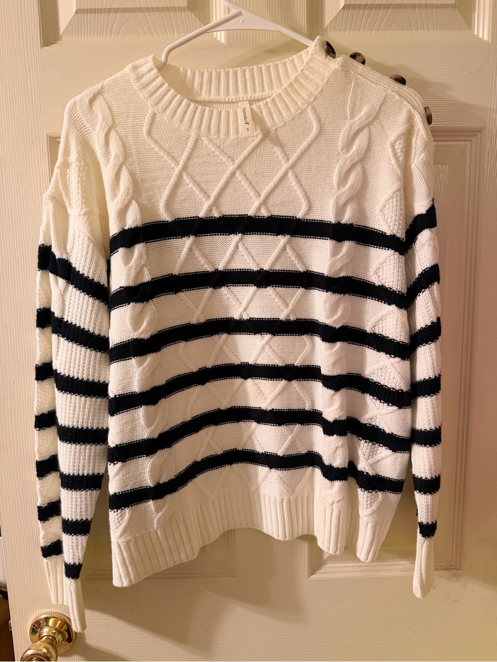 Cream & Black Striped Cable Knit Sweater Shoulder | Button accents | Size S